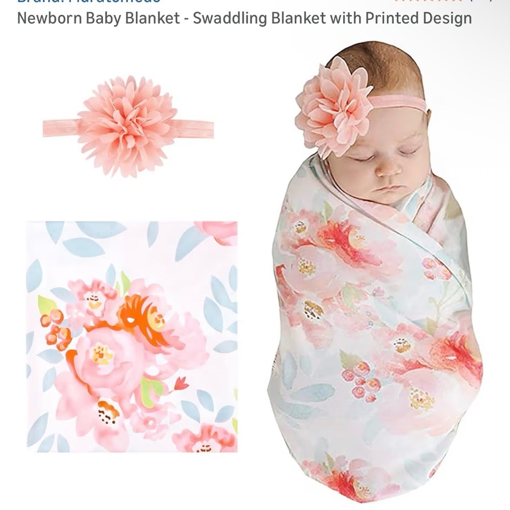 Floral Baby Swaddle and Pink Flower Headband Set